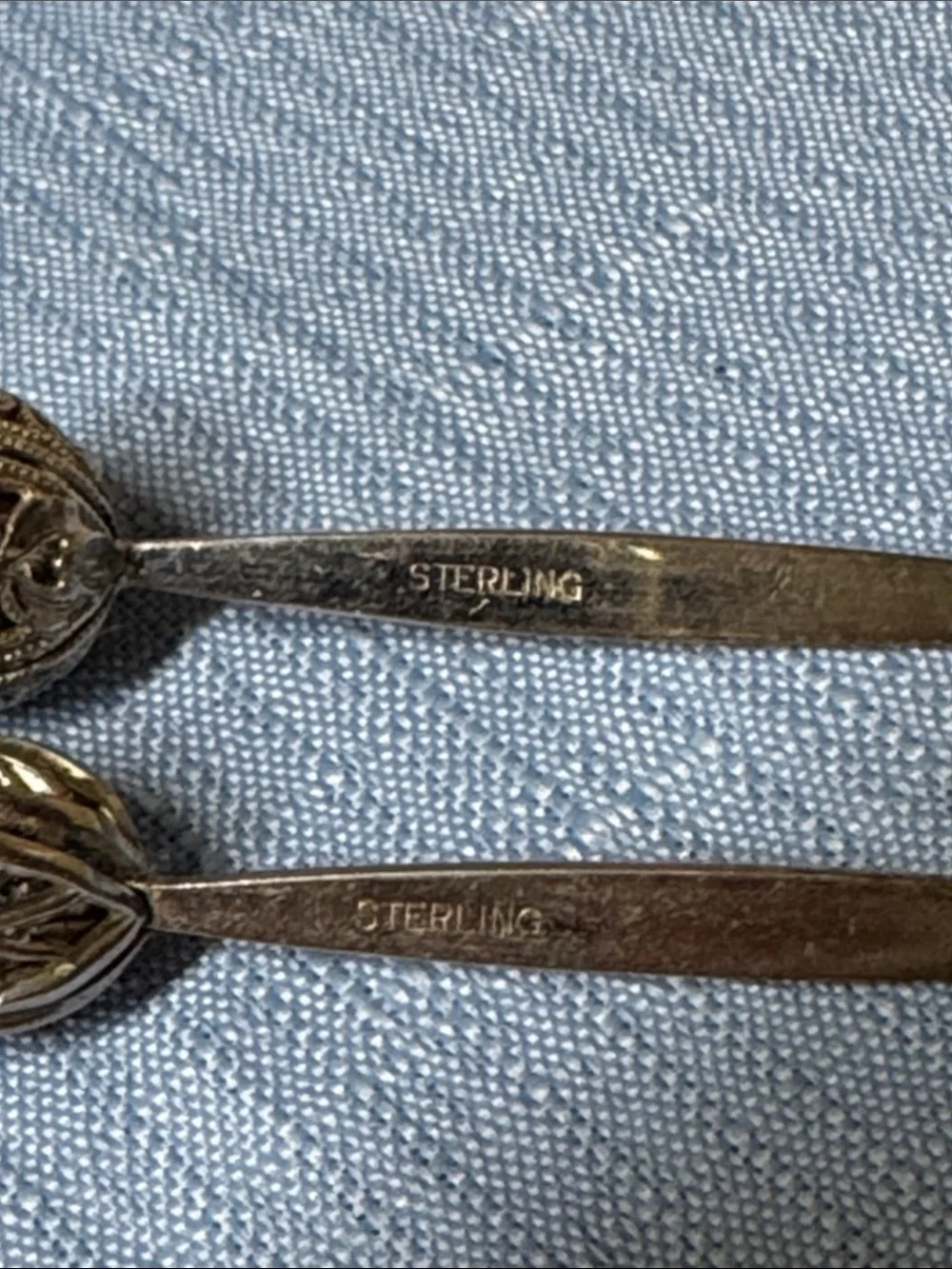Sterling silver cocktail picks ornate tops 1940s or 1950s 2 5/8” long, set of 2